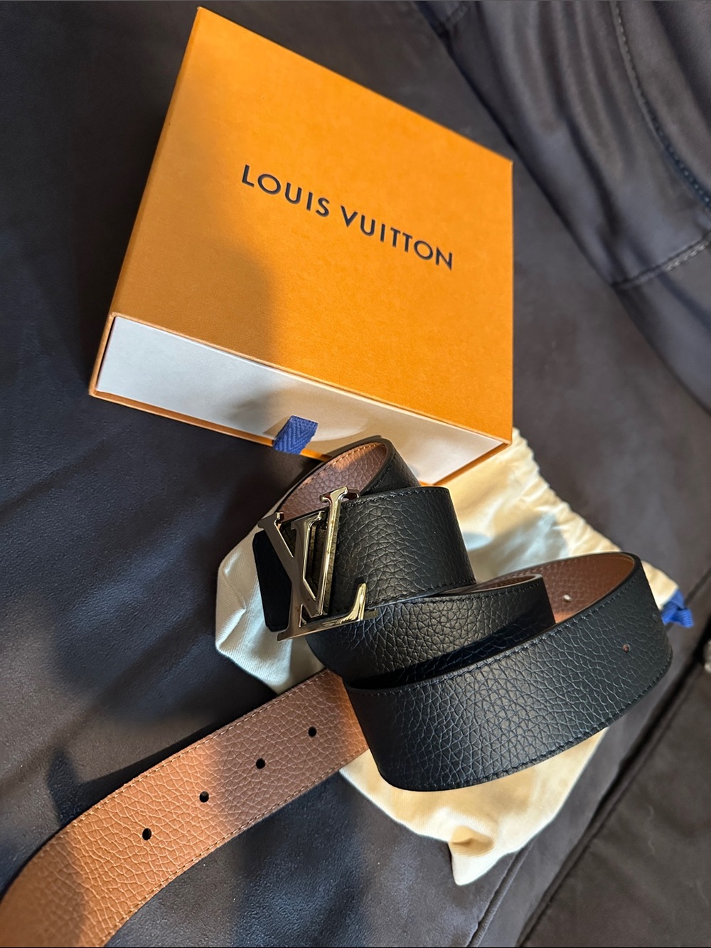 Louis Vuitton Black and Brown Reversible Leather Belt with LV Gold Buckle